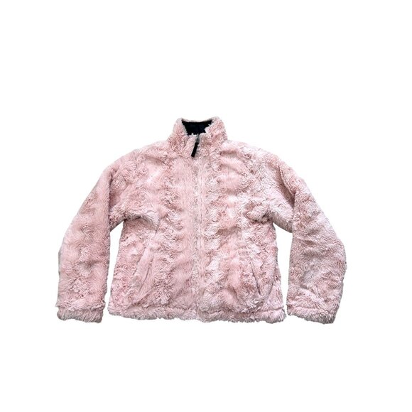 Me Jane Girls’ Reversible Jacket Black Puffer Pink Faux Fur 12 Zip Band Collar - Picture 4 of 13